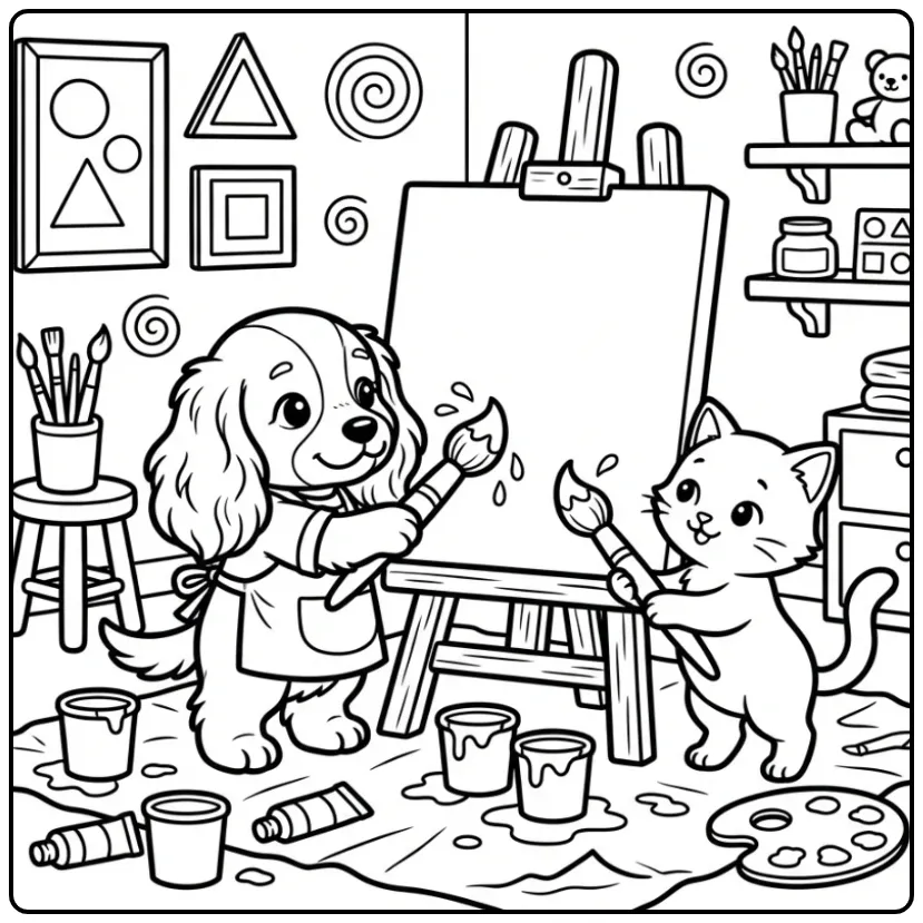 Cocker Spaniel Puppy and Kitten Painting in an Art Studio coloring page