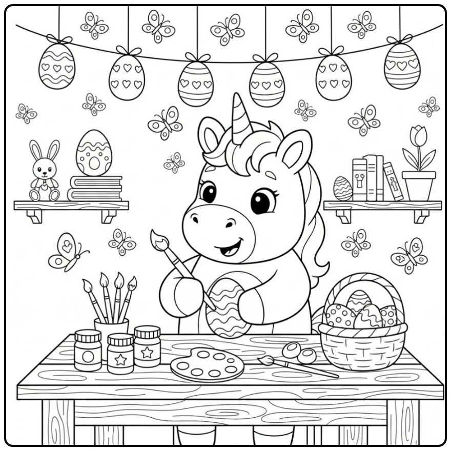 Creative and Butterflies Easter Painting Unicorn coloring page