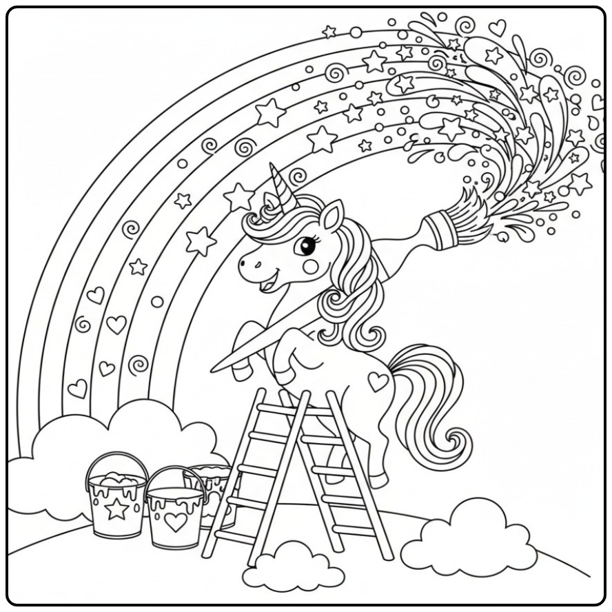 Creative Unicorn Rainbow Painting the Sky coloring page