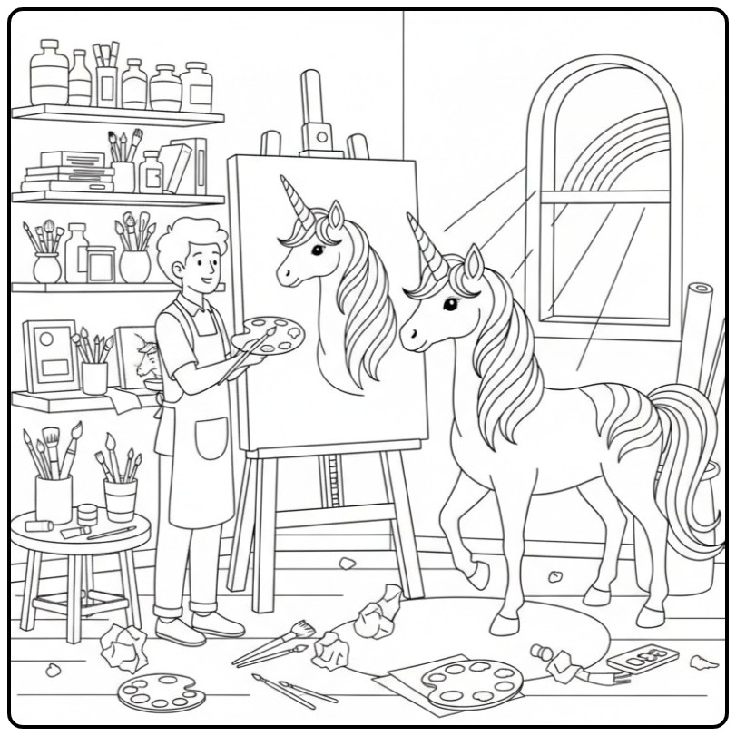 Creative Art Studio Unicorn Rainbow Painting coloring page