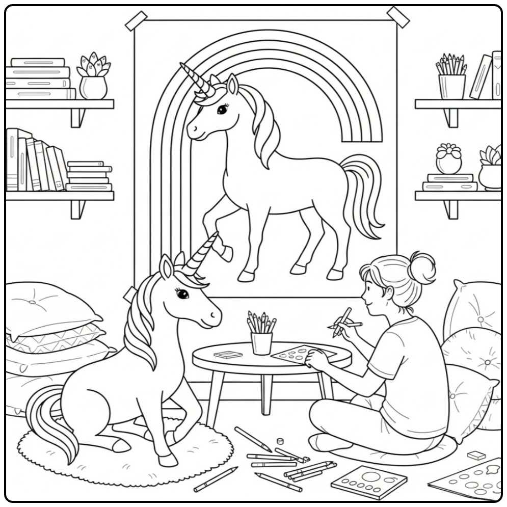 Creative Afternoon with a Magical Unicorn Rainbow coloring page