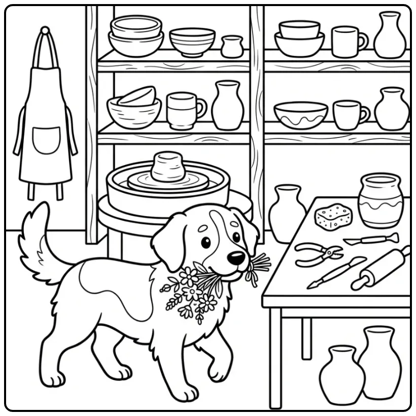 Drentsche Patrijshond in a Pottery Studio coloring page