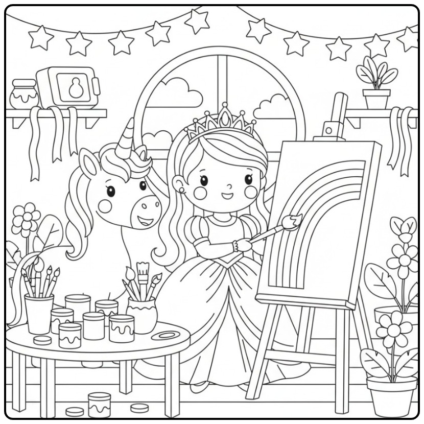 Creative Rainbow Princess Unicorn Easel coloring page