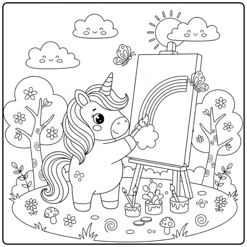 Creative Cute Unicorn and Rainbow coloring page