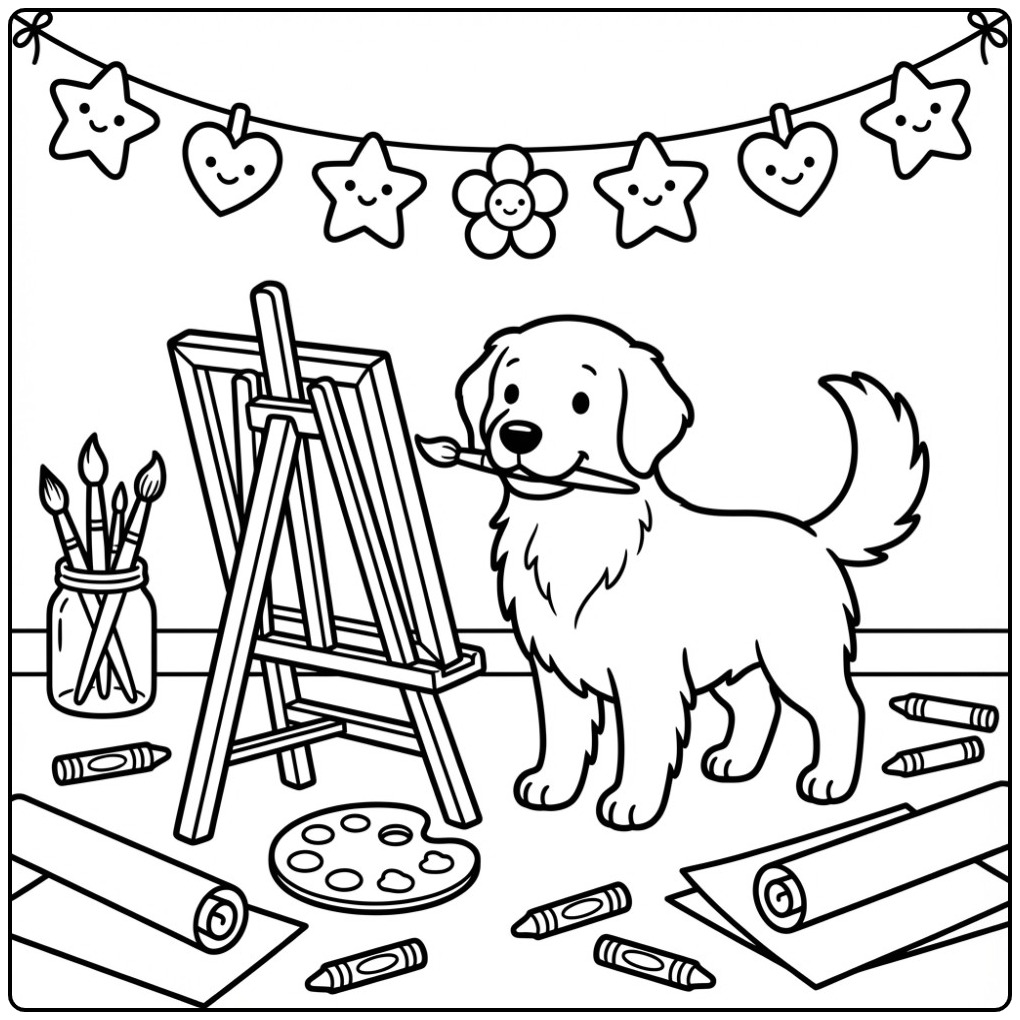 Creative Painter Puppy Golden Retriever coloring page