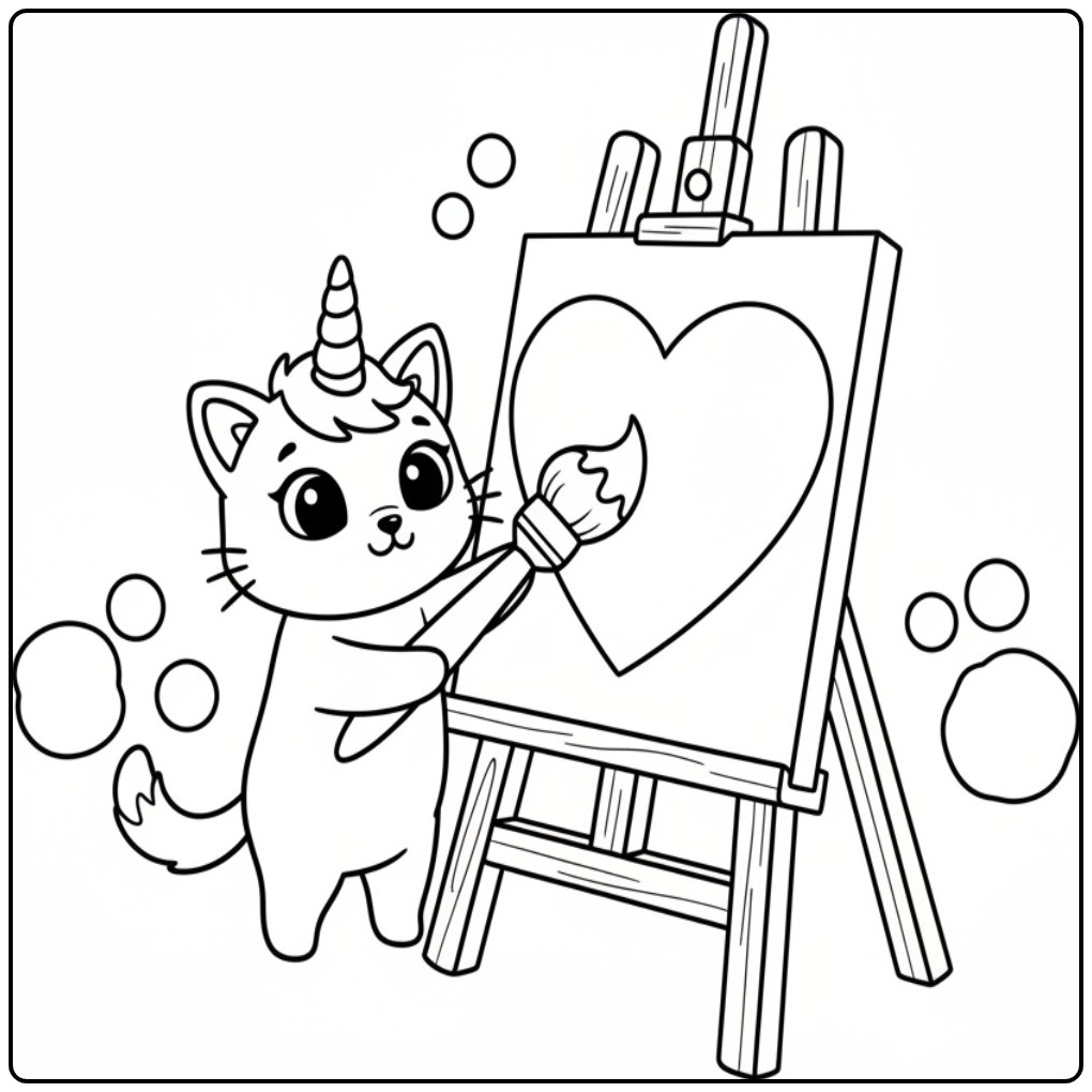 Creative Unicorn Cat Painting with a Paintbrush coloring page
