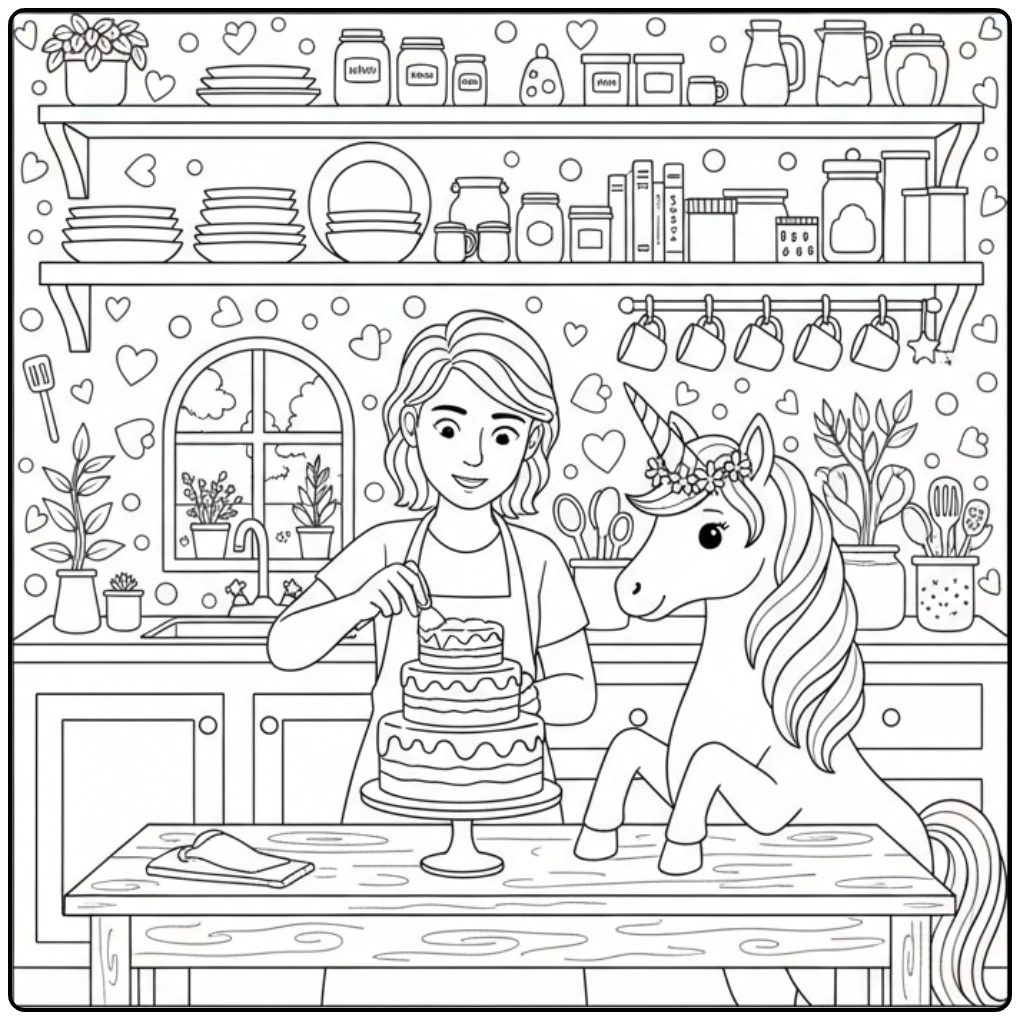 Creative Birthday Cake Unicorn in the Kitchen coloring page