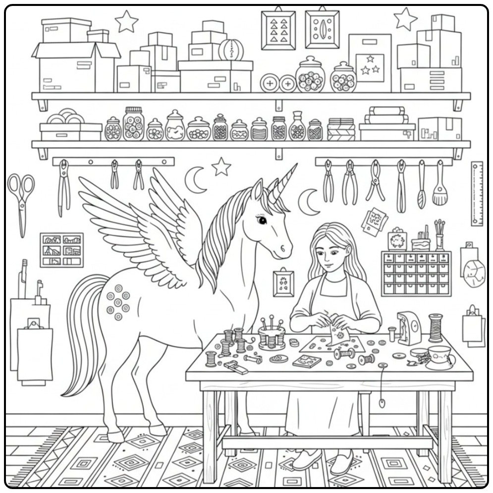 Creative Workshop and Unicorn with Wings coloring page