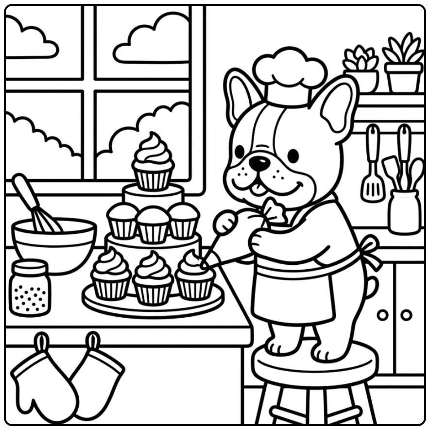 Cupcakes Decorating on This Cute French Bulldog coloring page