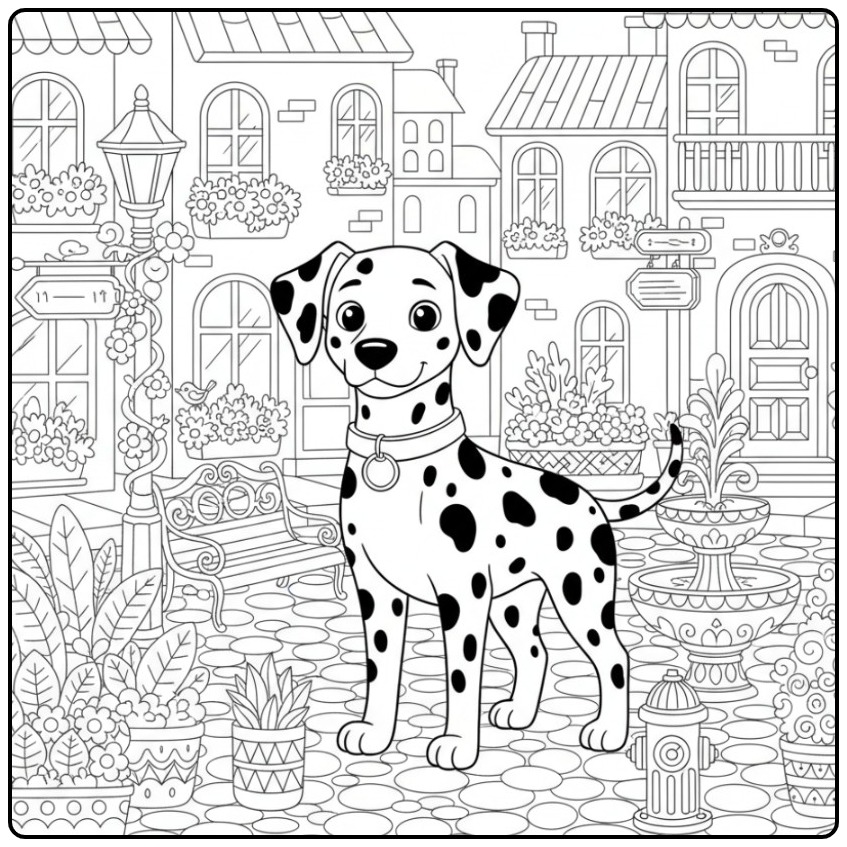 Dalmatian Walking Through a City Street coloring page