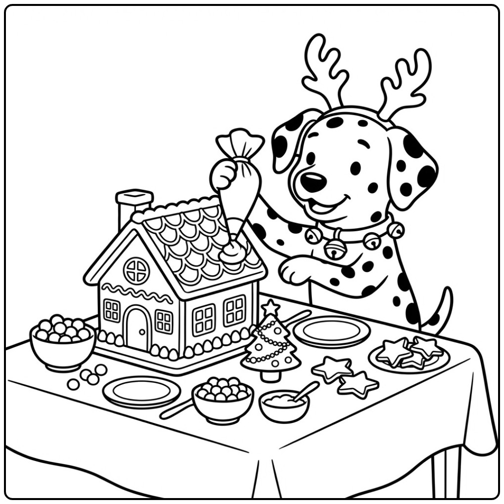 Dalmatian Christmas Dog Decorating a Gingerbread House coloring page