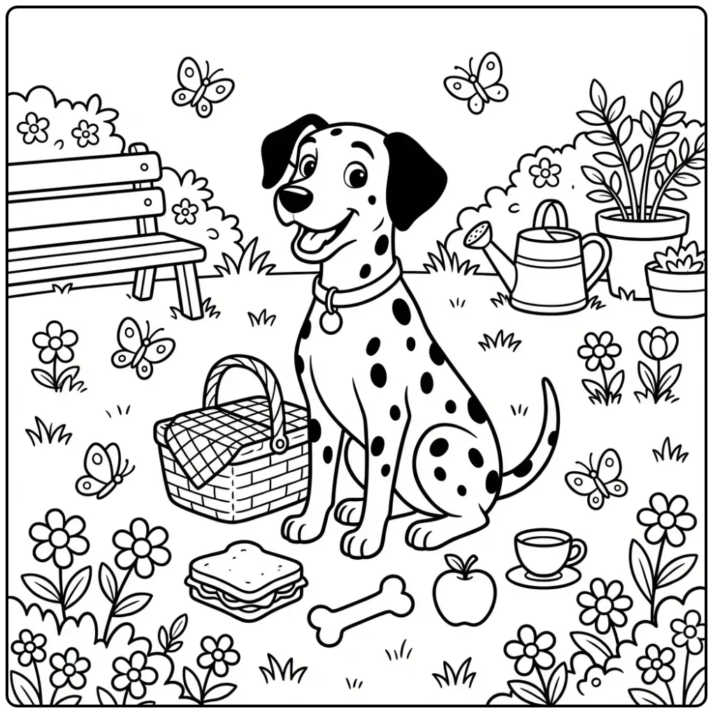Dalmatian Picnic with Basket coloring page