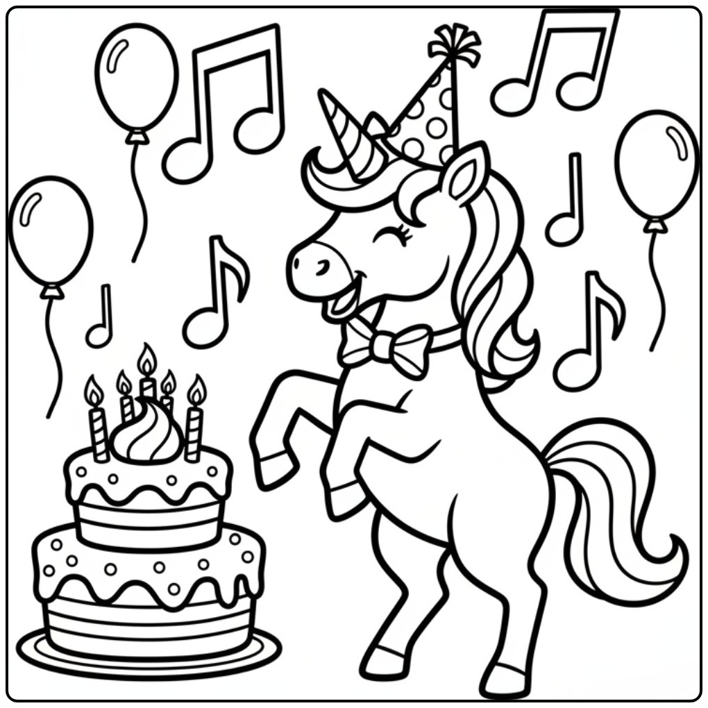 Dancing Unicorn Birthday Party coloring page