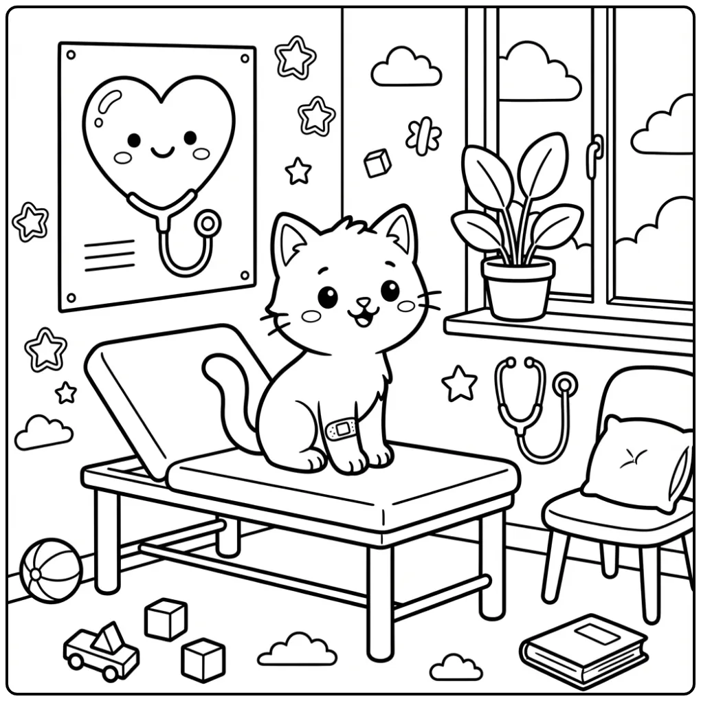 Easy Cat coloring page with a brave kitten and bandage