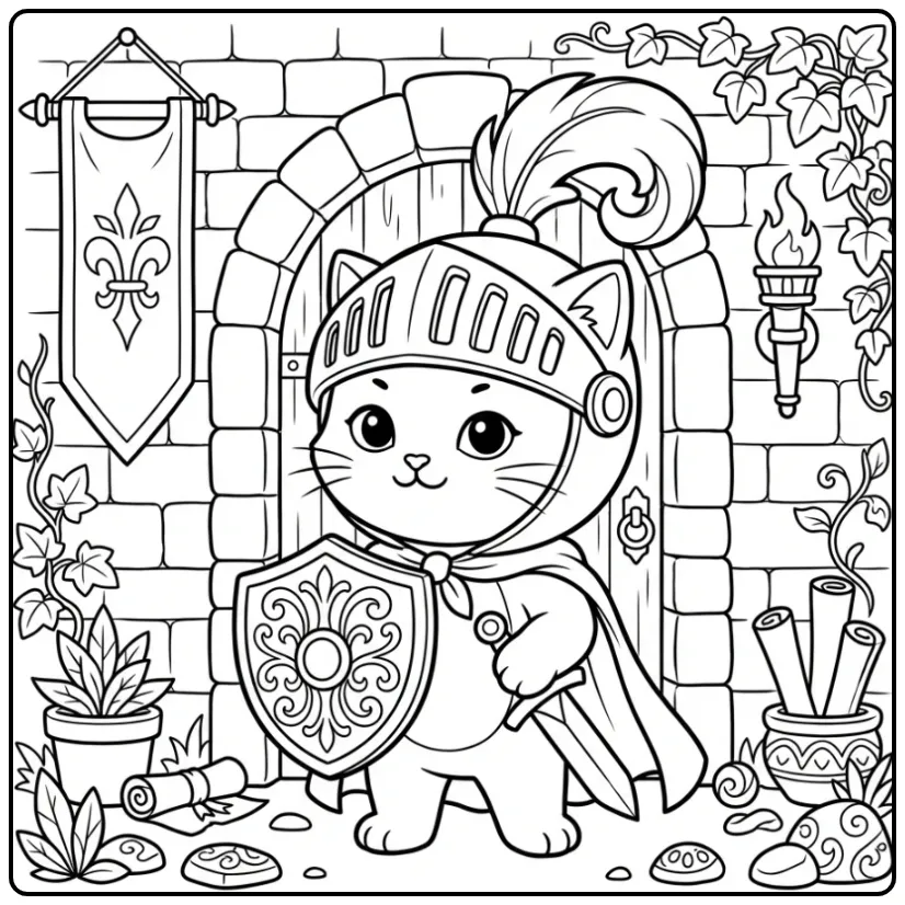 Difficult Kitten coloring page by a castle gate