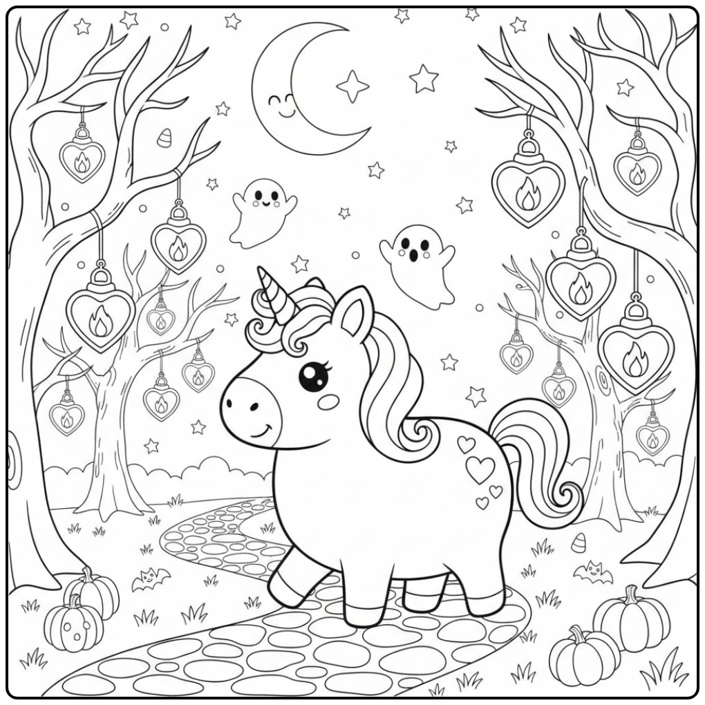 The Enchanting Unicorn with Hearts for Halloween coloring page