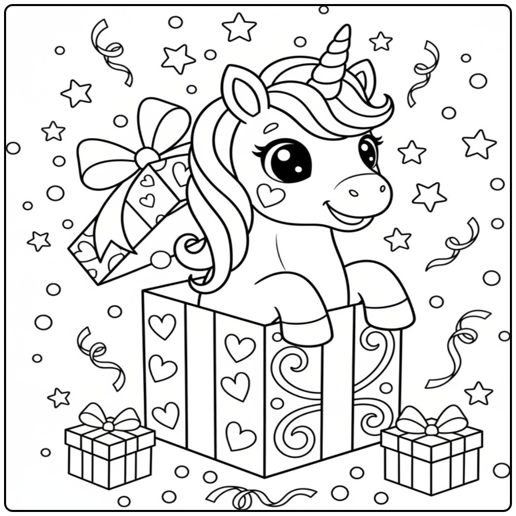 The Best Unicorn Cute in a Festive Cadeaupakket coloring page