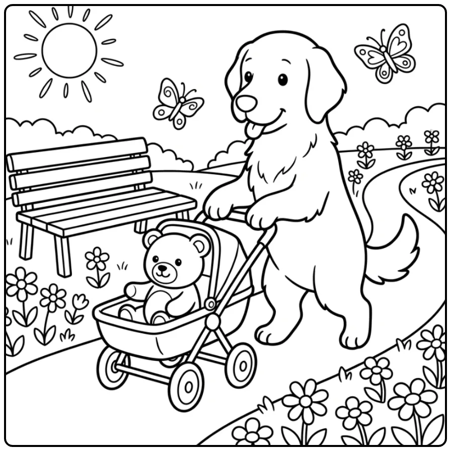 Golden Retriever Pushing a Teddy Bear in a Stroller coloring page