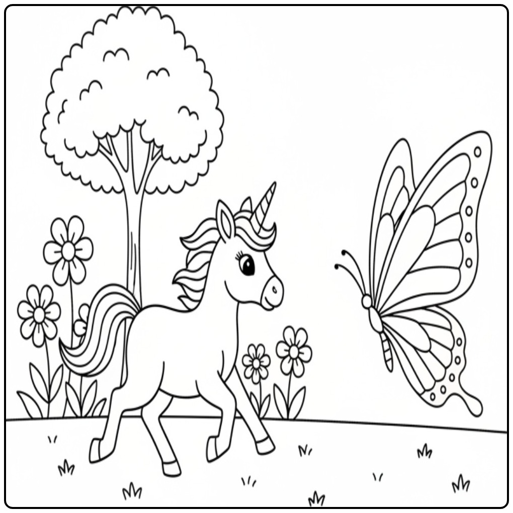 Magical Butterflies Unicorn Ontmoet a Butterfly in the Field coloring page