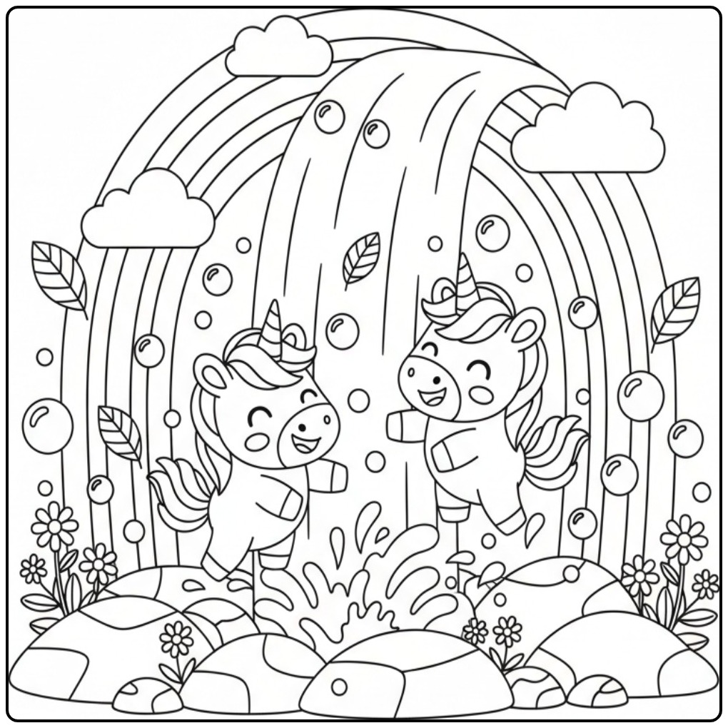 The Most Beautiful Unicorn Rainbow with Happy Unicorns Playing coloring page