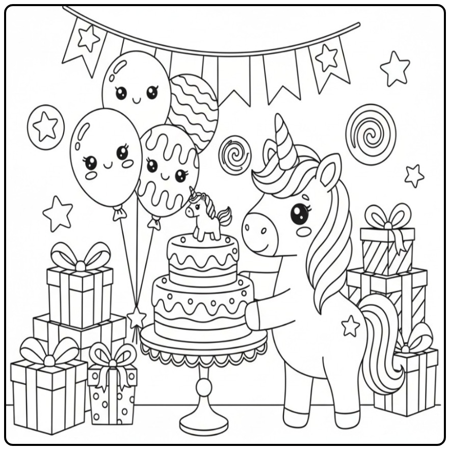 The Ultimate Unicorn Birthday Cake with Balloons and Gifts coloring page