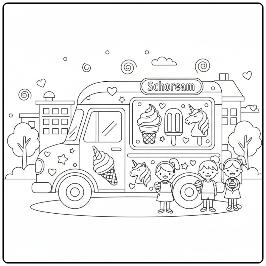 The Cheerful Unicorn Truck Comes Along for a Ice Cream coloring page