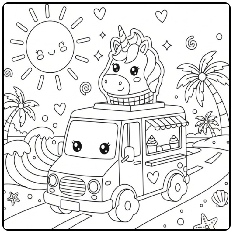 Cheerful Unicorn Ice Cream Truck Riding Along the Sea coloring page