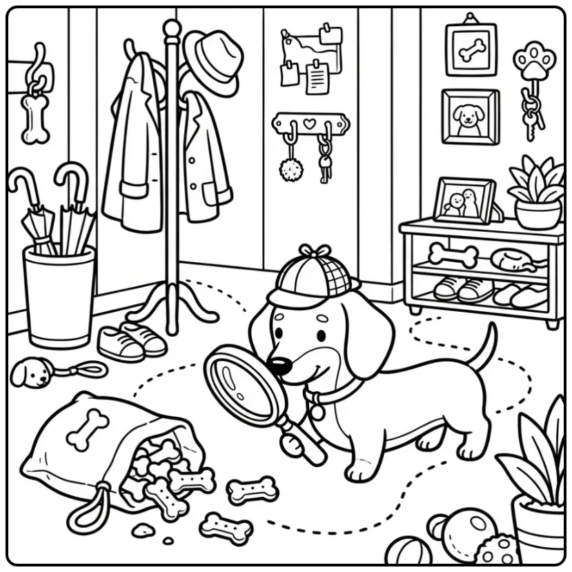 Detective Dachshund Puppy Investigating Spilled Candies coloring page