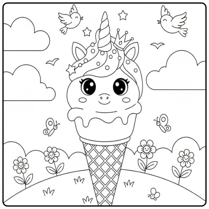 This Unicorn with Ice Cream in a Cone Watch on You coloring page