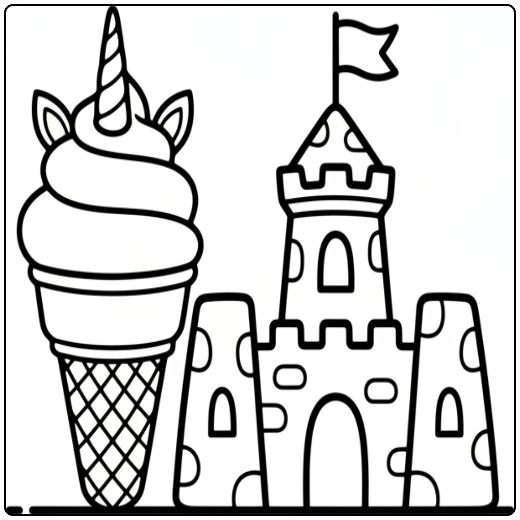 This Unicorn Ice Cream and Castle Watch on Your Color coloring page
