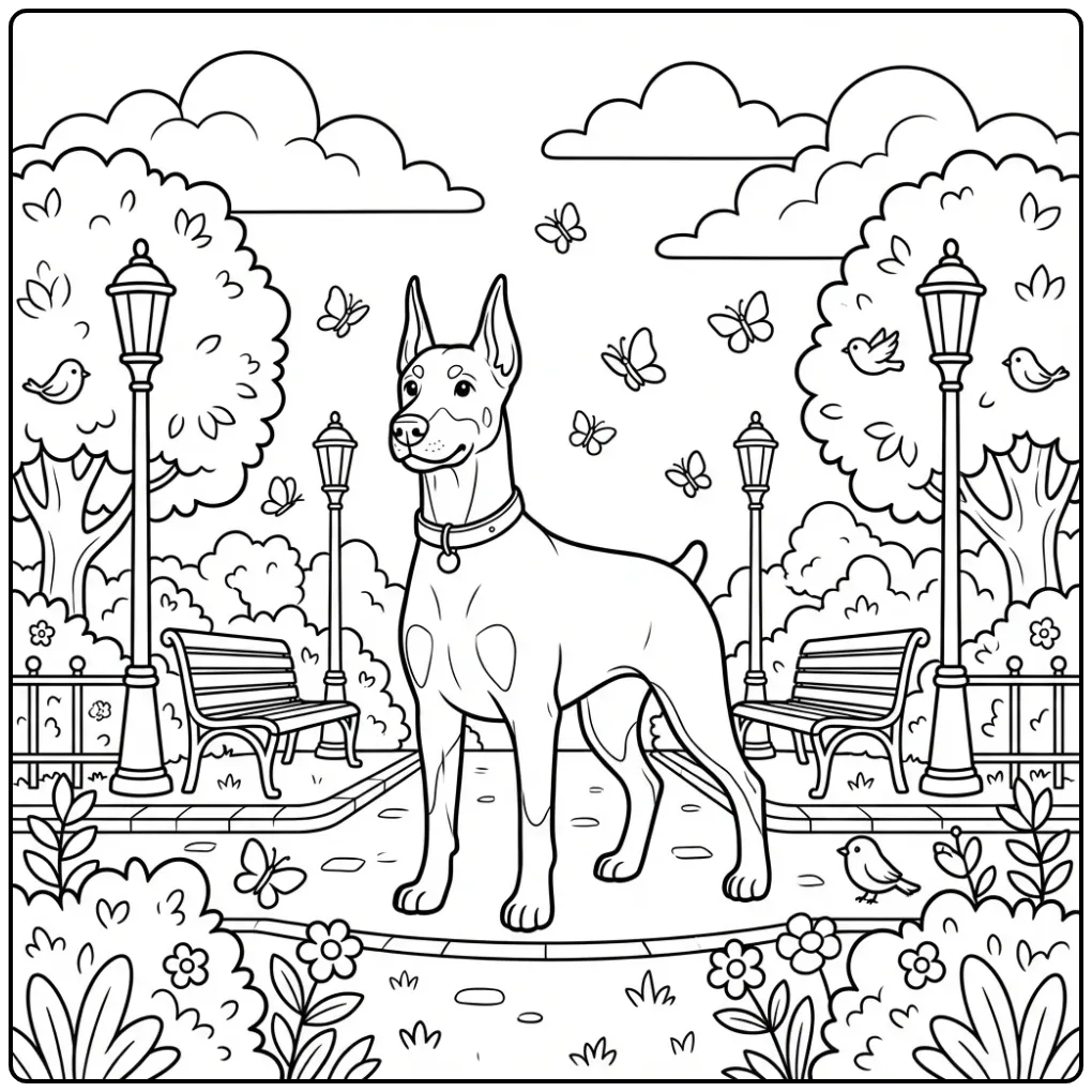 Doberman in a City Park coloring page