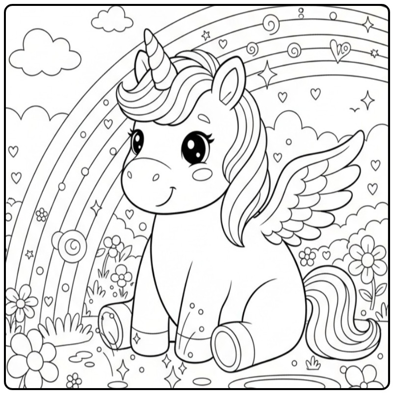 Download the Unicorn with Wings and Rainbow coloring page