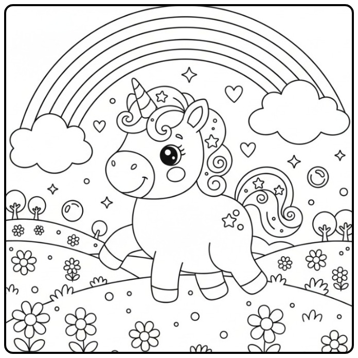Download the Cute Unicorn and Rainbow coloring page