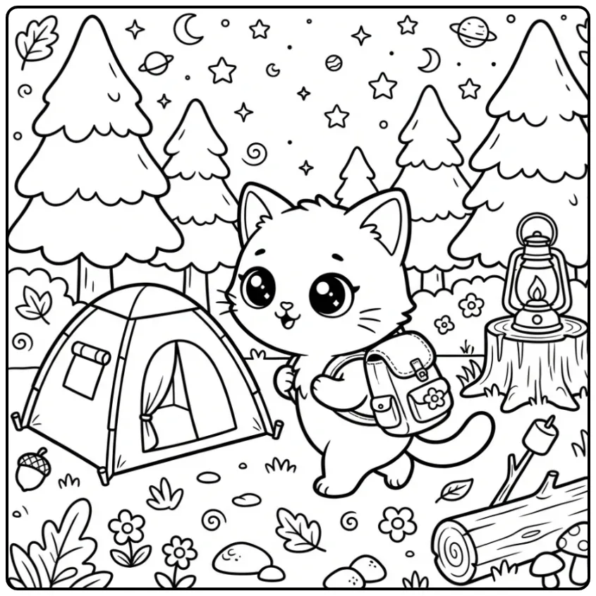 Kawaii Kitten with Backpack and Tent coloring page