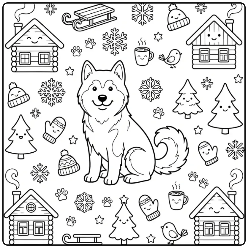 Cute Dog in a Snowy Village coloring page