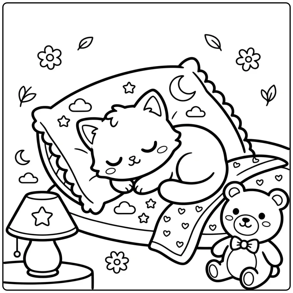 Sweet Kawaii Kitten at Nap Time coloring page