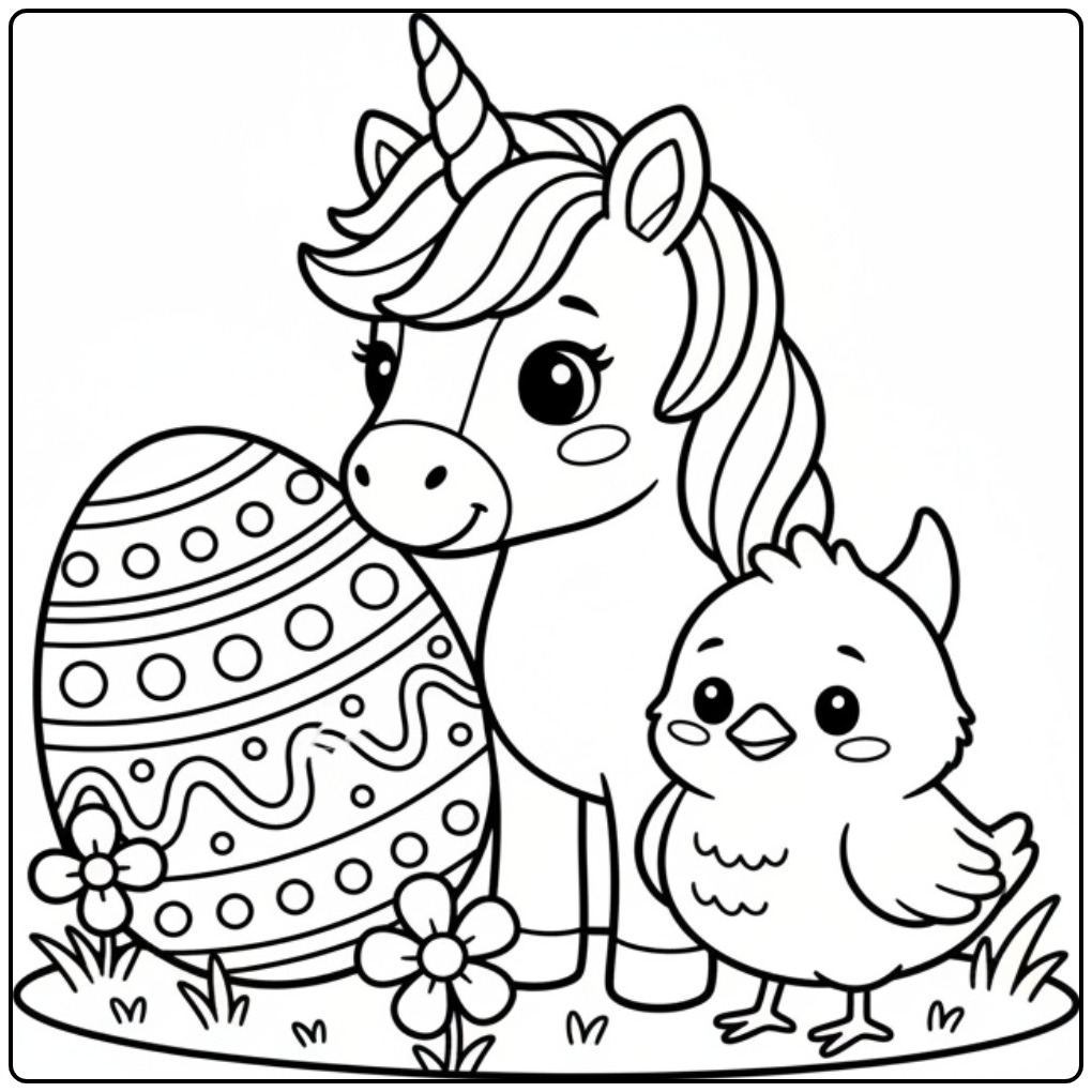 Download Unicorn Easter with Chick and Egg coloring page