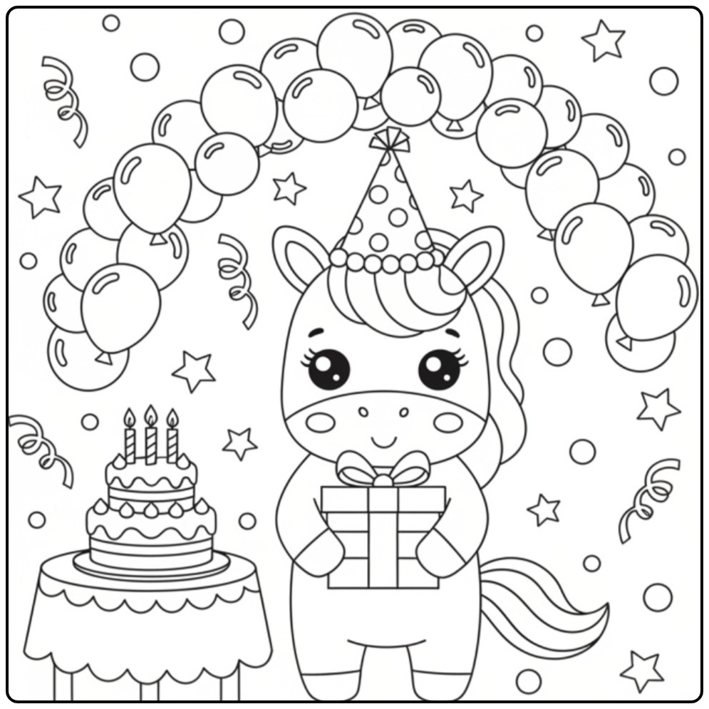 Download Unicorn and Rainbow on a Birthday Party coloring page