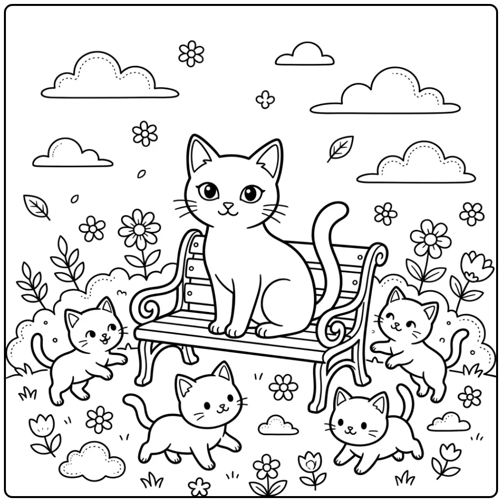 Fun Cat with Kittens Playing in the Garden coloring page