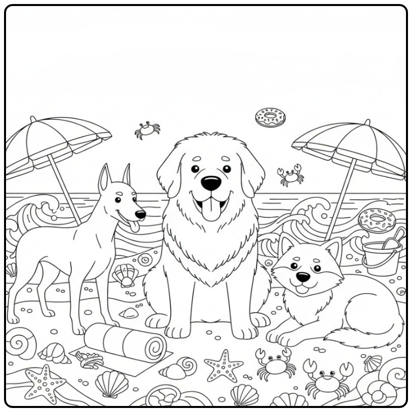Newfoundland, Doberman, and Akita at the Beach coloring page