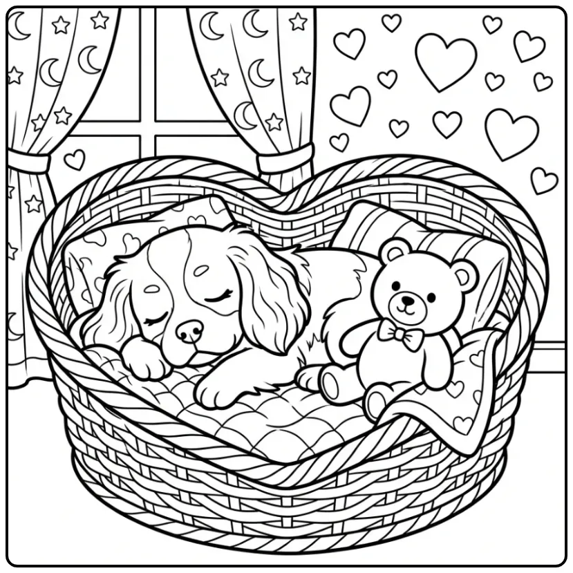 Cavalier King Charles Spaniel Sleeping in a Heart-Shaped Bed coloring page