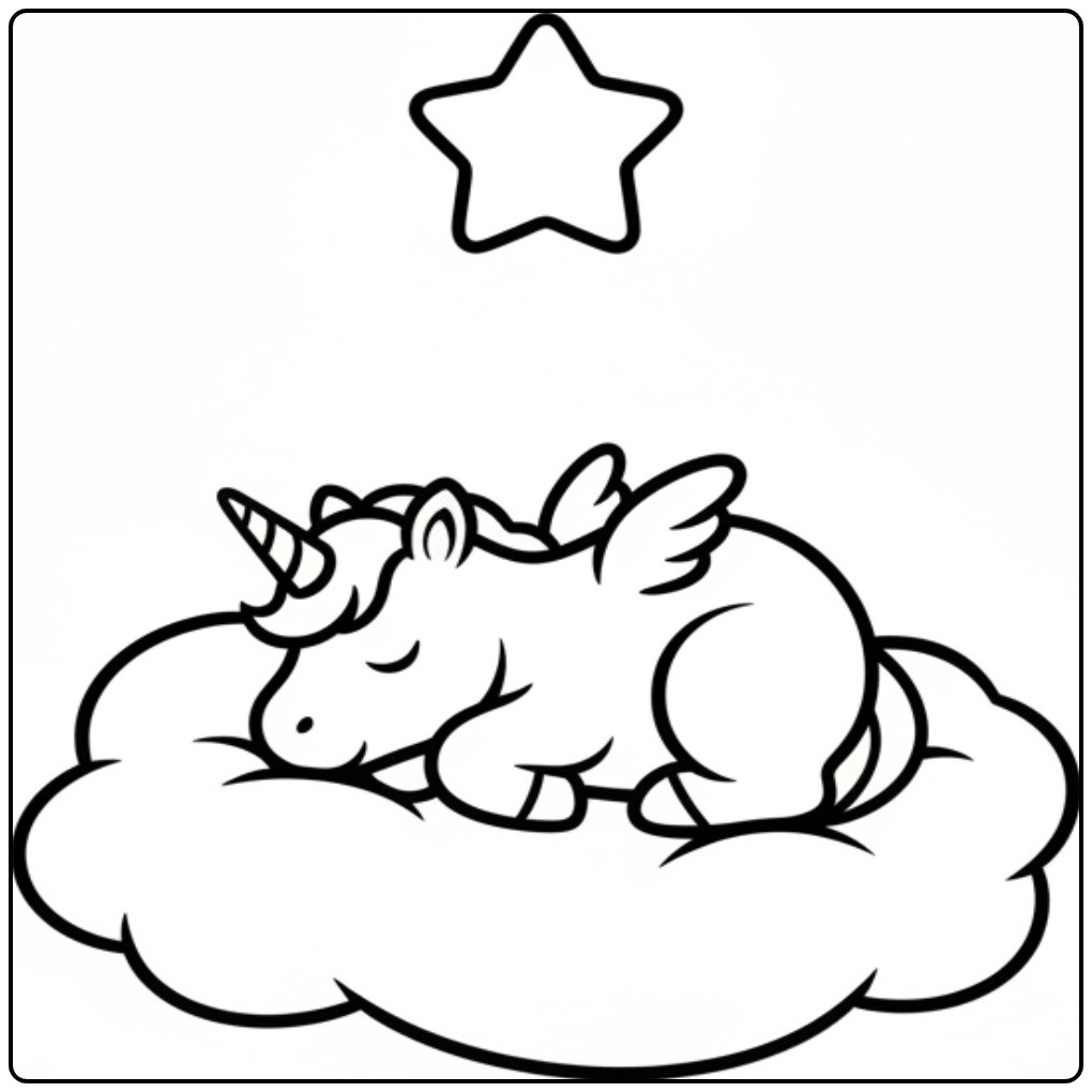 Dreaming Baby Unicorn Under a Radiant Star coloring page