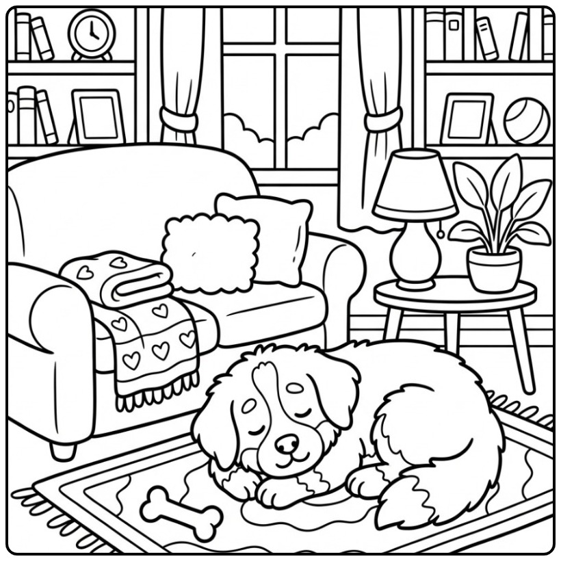 Sleeping Bernese Mountain Dog Puppy at Home coloring page