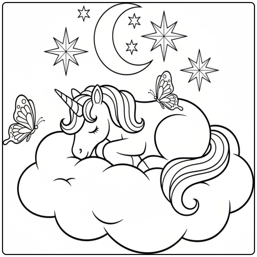Dreaming Butterflies Unicorn Under the Stars coloring page