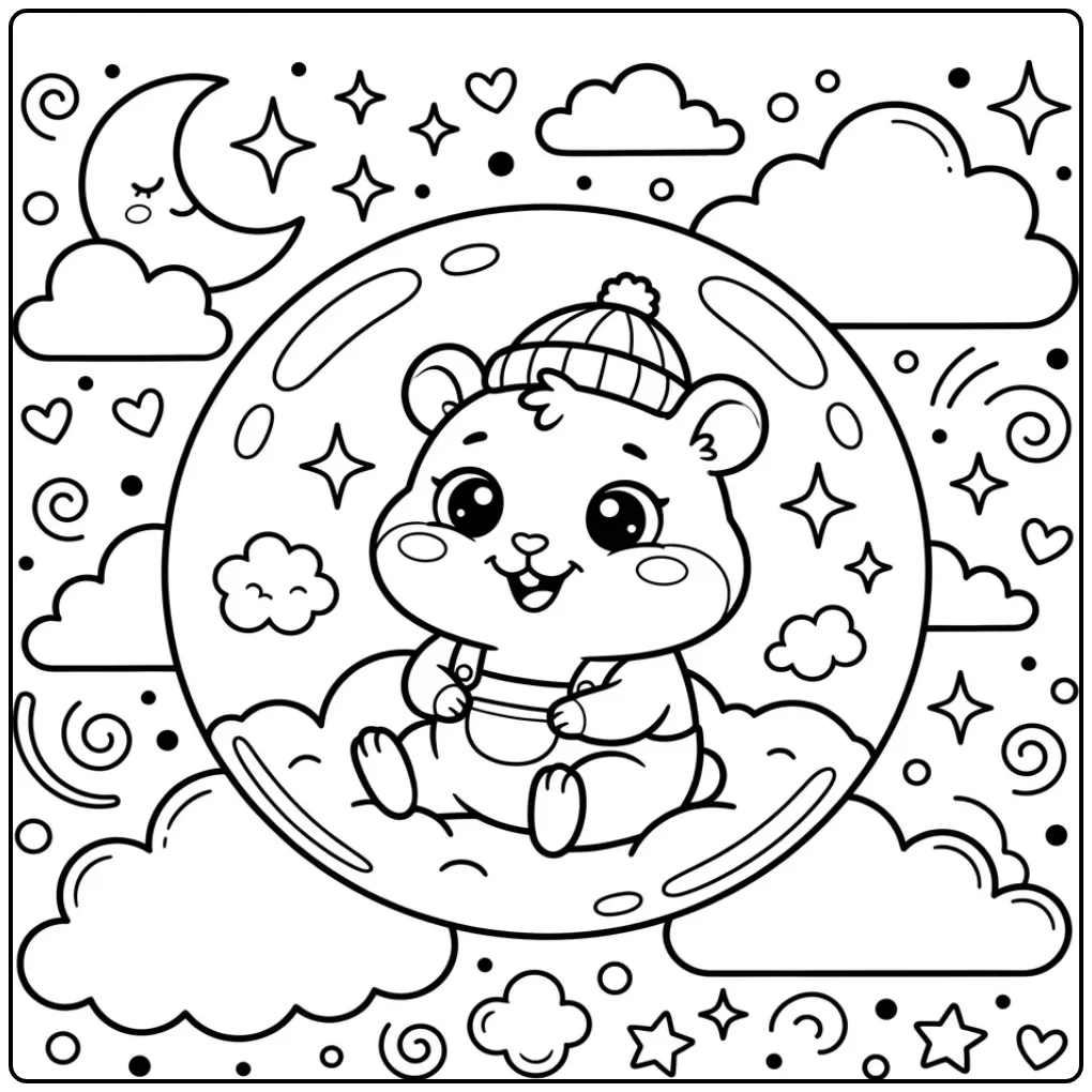 Baby Hamster coloring page in a floating bubble
