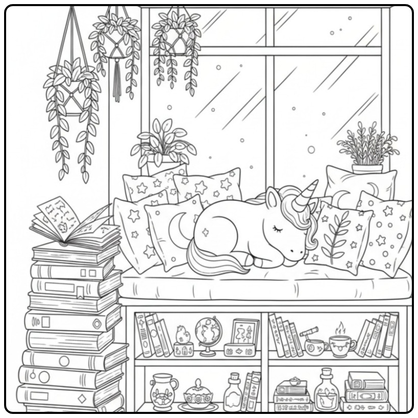 Dreamy Baby Unicorn Among Books and Cushions coloring page