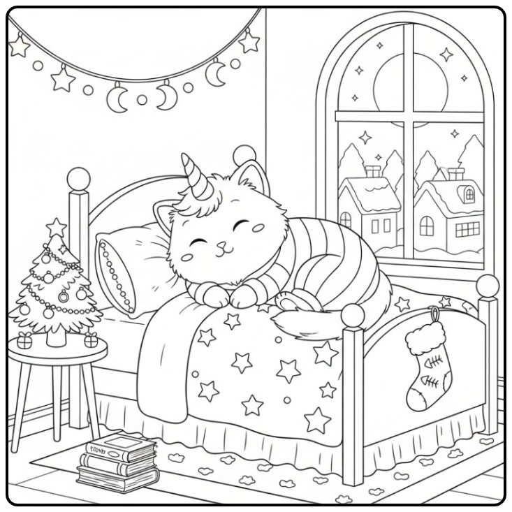 Dreamy Eenhoornkat Christmas in a Cozy Room coloring page