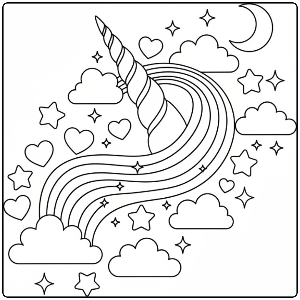 Dreamy Unicorn Horn Rainbow in the Night coloring page