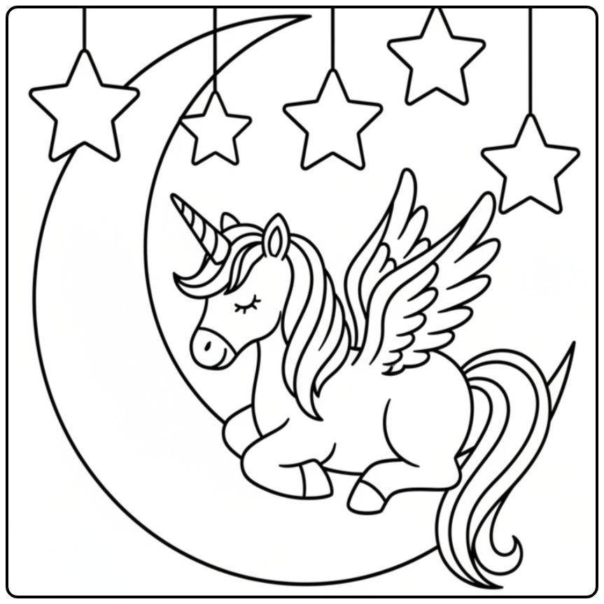 Dreamy Unicorn with Wings and Stars coloring page