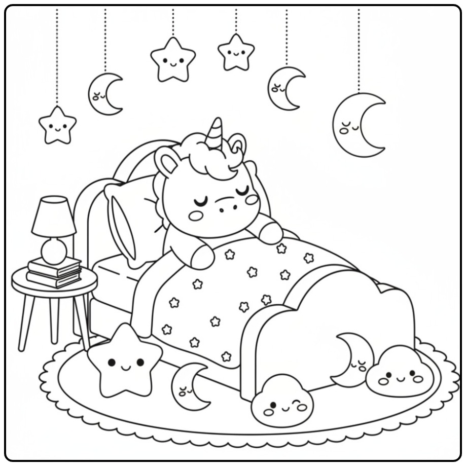 Dreamy Kawaii Chibi Baby Unicorn in the Night coloring page